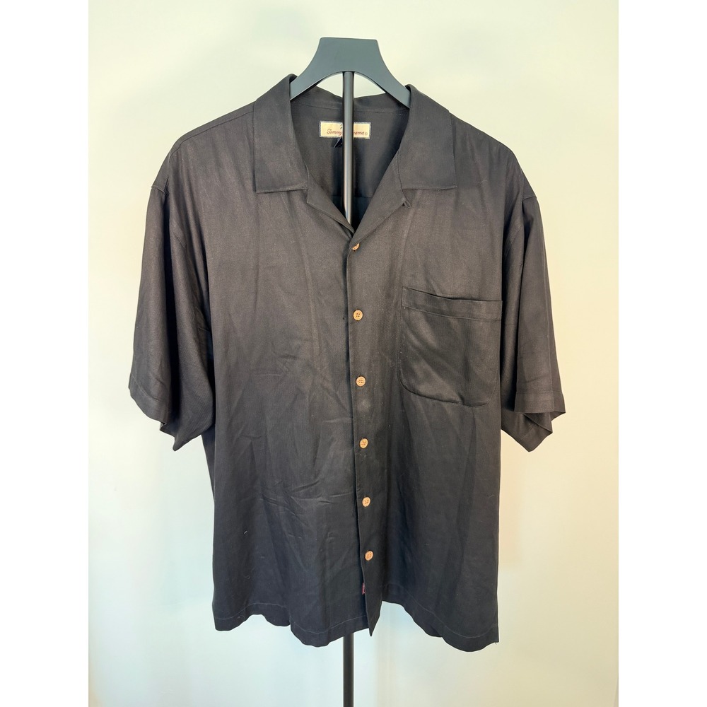 Tommy Bahama Relax Mens L Black Silk Cotton Herringbone Camp Shirt Short Sleeve